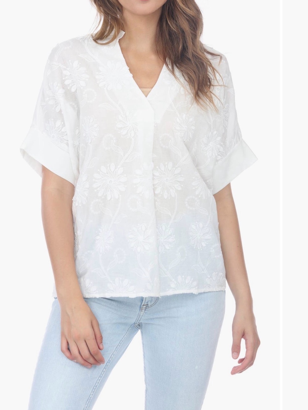 Women's White Floral Embroidered V-Neck Blouse